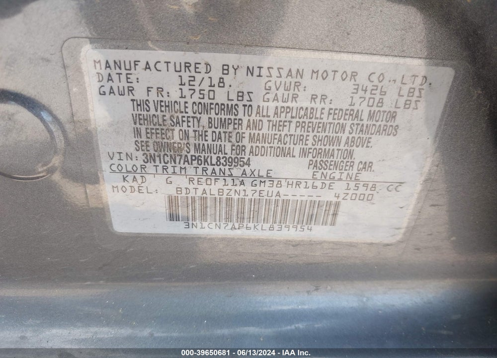 2019 NISSAN VERSA VIN: 3N1CN7AP6KL839954