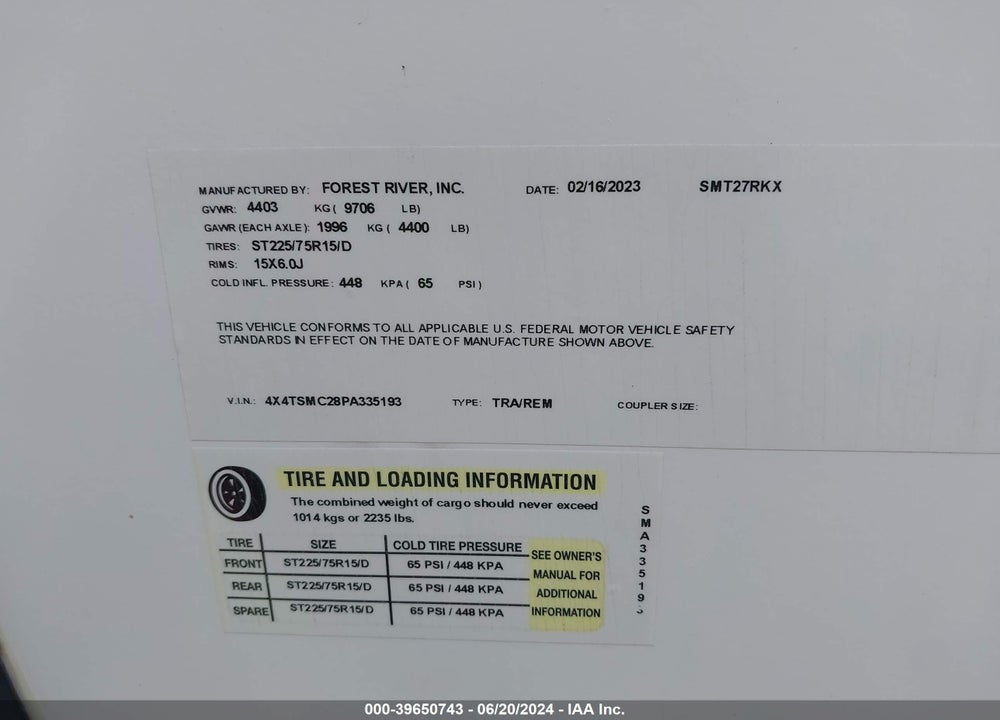 2023 FOREST RIVER OTHER VIN: 4X4TSMC28PA335193