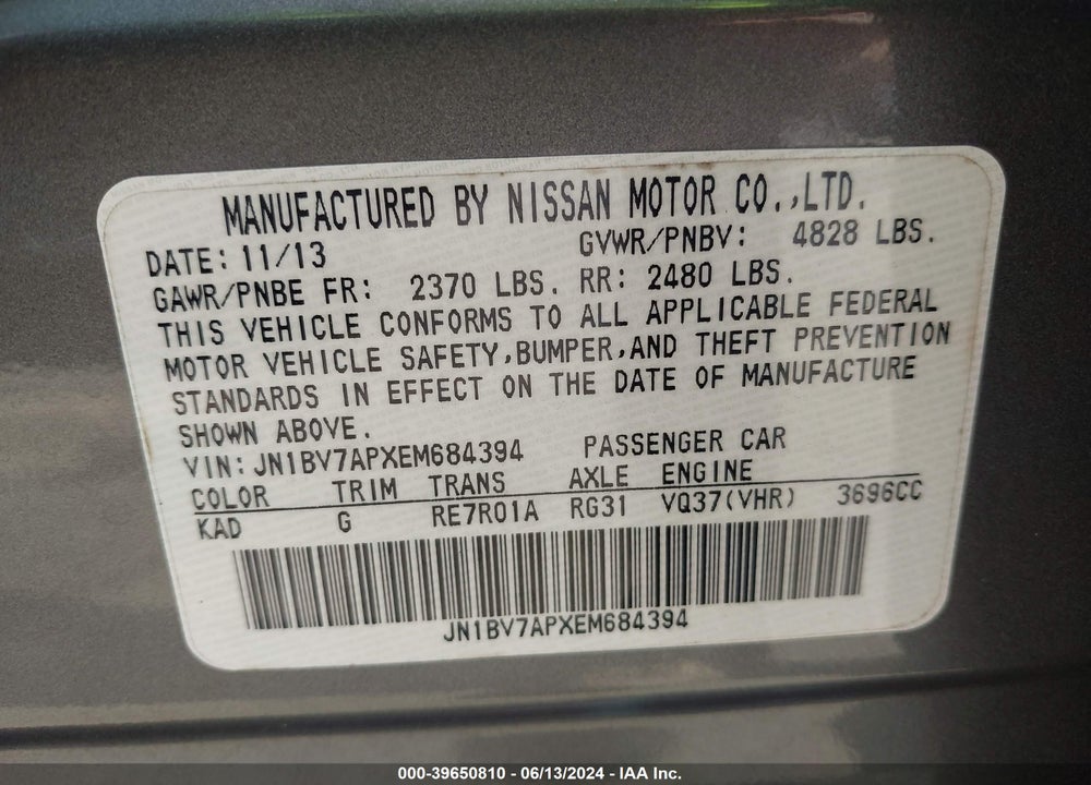 2014 INFINITI Q50 PREMIUM VIN: JN1BV7APXEM684394