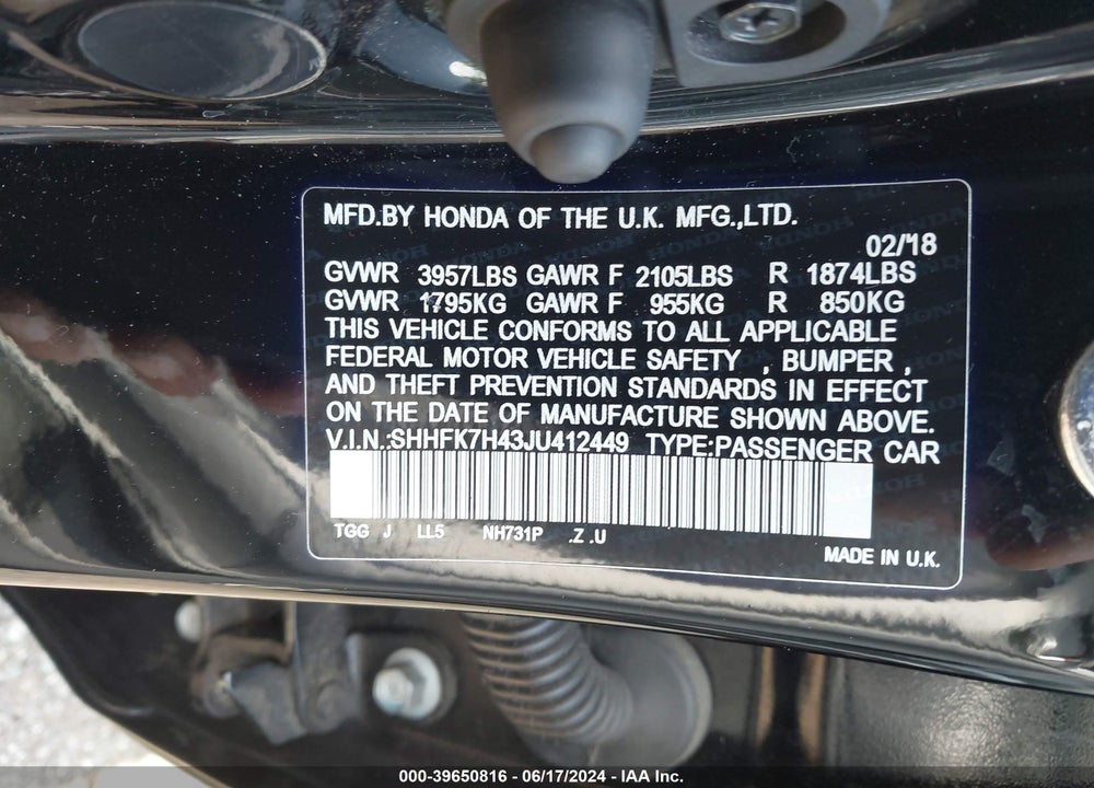 2018 HONDA CIVIC SPORT VIN: SHHFK7H43JU412449