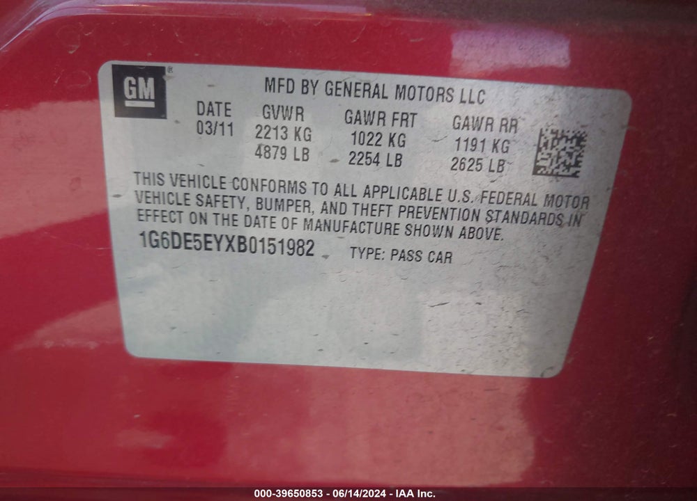 2011 CADILLAC CTS LUXURY VIN: 1G6DE5EYXB0151982