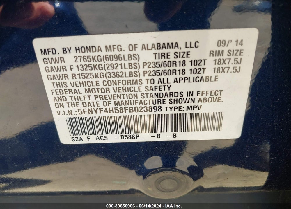 2015 HONDA PILOT EX-L VIN: 5FNYF4H58FB023898