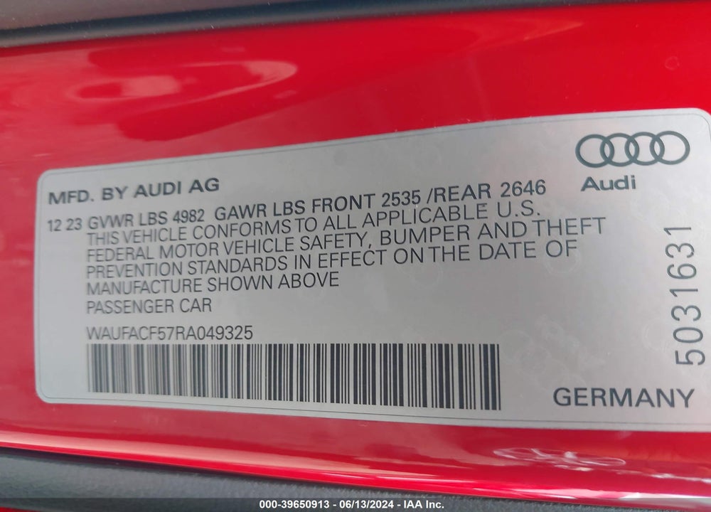 2024 AUDI A5 SPORTBACK PREMIUM PLUS 45 TFSI QUATTRO S TRONIC VIN: WAUFACF57RA049325