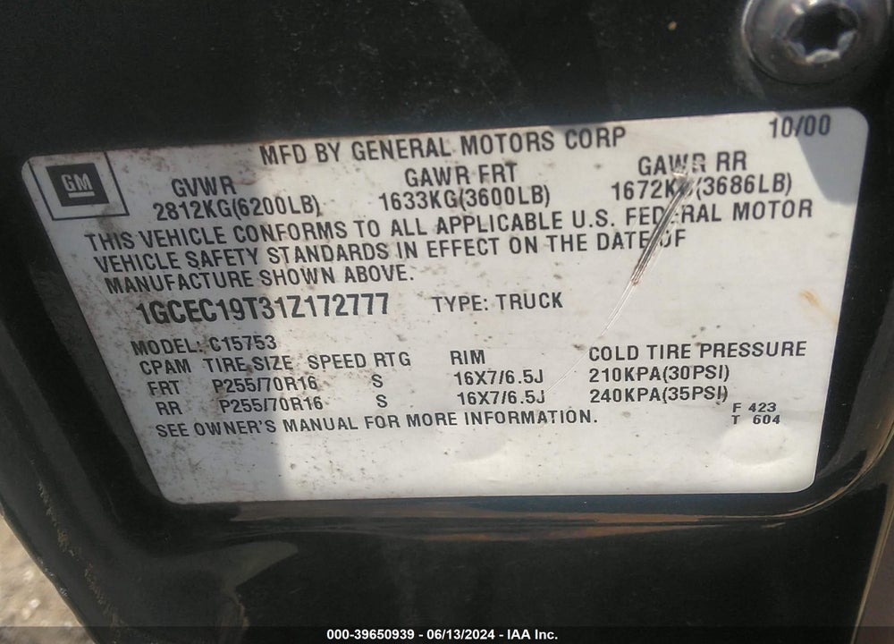 2001 CHEVROLET SILVERADO 1500 LS VIN: 1GCEC19T31Z172777