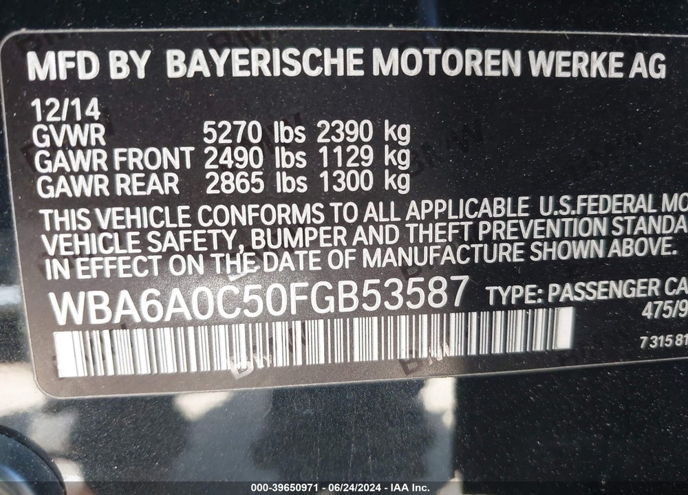 2015 BMW 640I GRAN COUPE VIN: WBA6A0C50FGB53587
