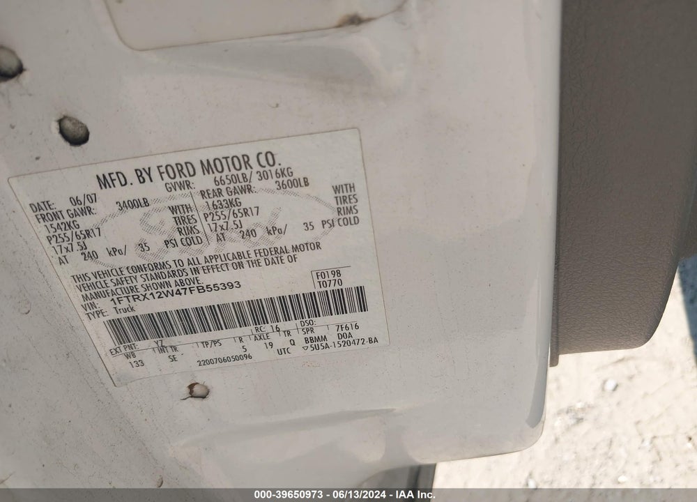 2007 FORD F-150 STX/XL/XLT VIN: 1FTRX12W47FB55393