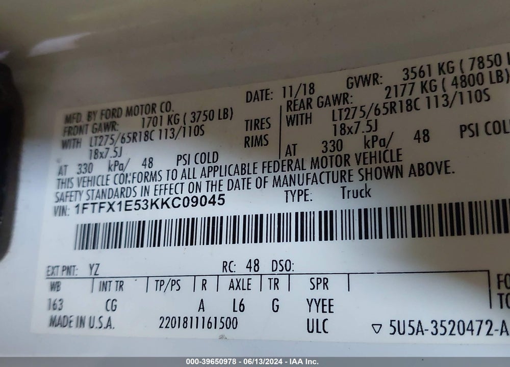2019 FORD F-150 XL VIN: 1FTFX1E53KKC09045