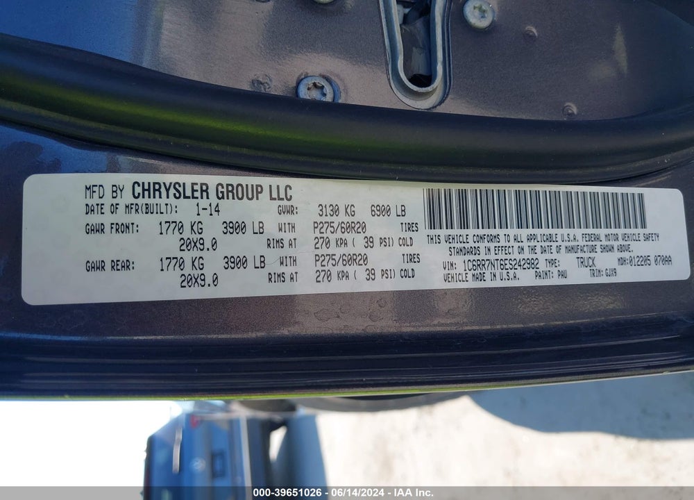 2014 RAM 1500 LAIE VIN: 1C6RR7NT6ES242982