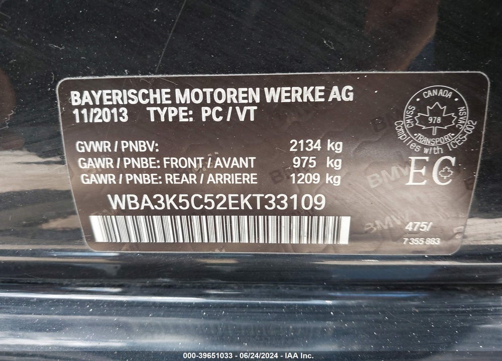 2014 BMW 328D XDRIVE VIN: WBA3K5C52EKT33109