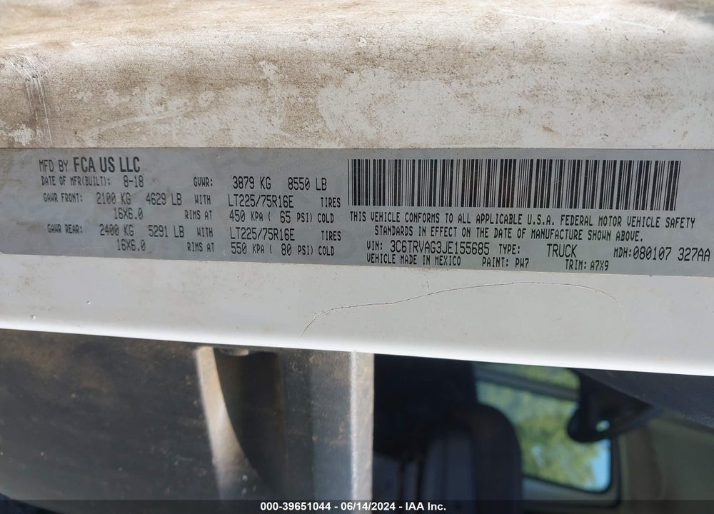 2018 RAM PROMASTER 1500 LOW ROOF 136 WB VIN: 3C6TRVAG3JE155685