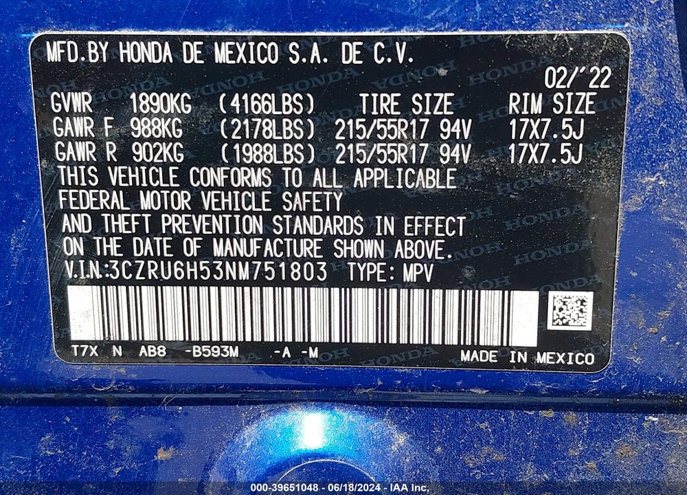 2022 HONDA HR-V AWD EX VIN: 3CZRU6H53NM751803