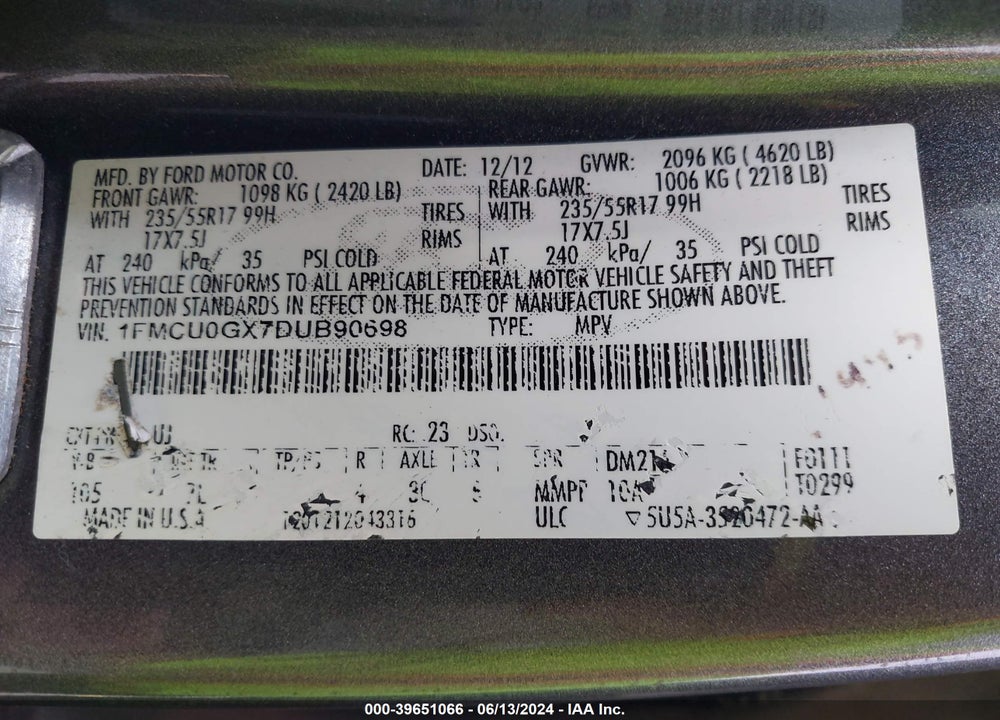 2013 FORD ESCAPE SE VIN: 1FMCU0GX7DUB90698
