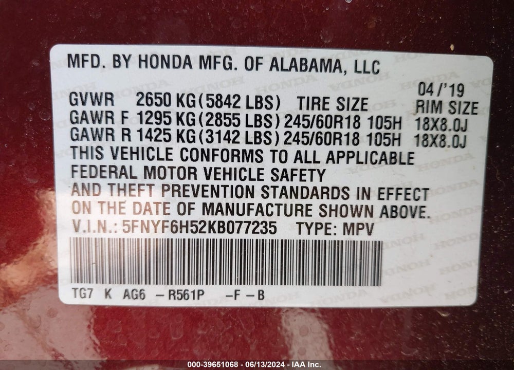 2019 HONDA PILOT EX-L VIN: 5FNYF6H52KB077235