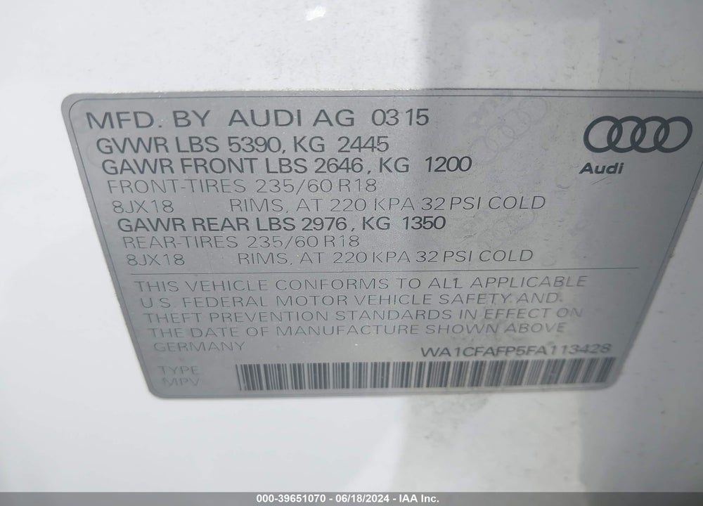 2015 AUDI Q5 2.0T PREMIUM VIN: WA1CFAFP5FA113428