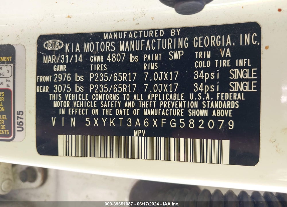 2015 KIA SORENTO LX VIN: 5XYKT3A6XFG582079