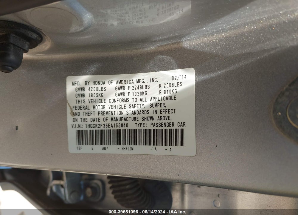 2014 HONDA ACCORD LX VIN: 1HGCR2F35EA155940