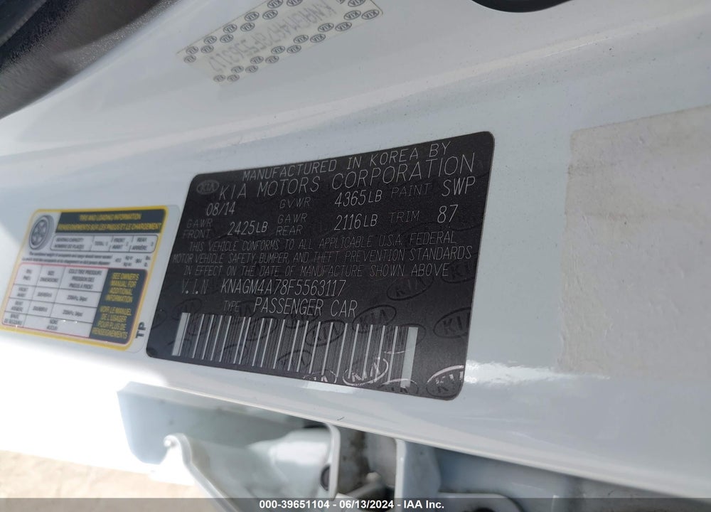 2015 KIA OPTIMA LX VIN: KNAGM4A78F5563117
