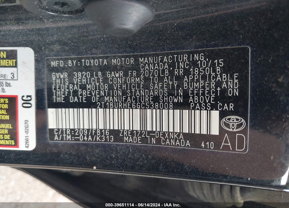 2016 TOYOTA COROLLA LE VIN: 2T1BURHE6GC538008