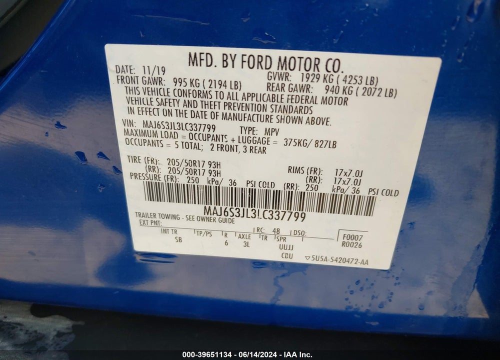 2020 FORD ECOSPORT SES VIN: MAJ6S3JL3LC337799