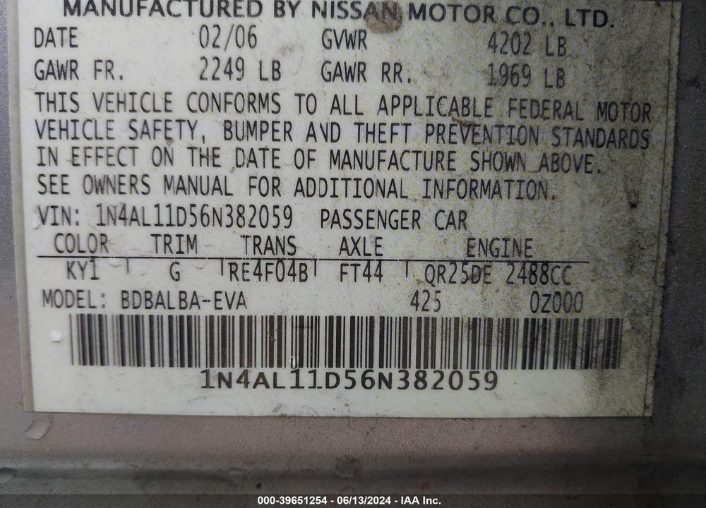 2006 NISSAN ALTIMA 2.5 S VIN: 1N4AL11D56N382059