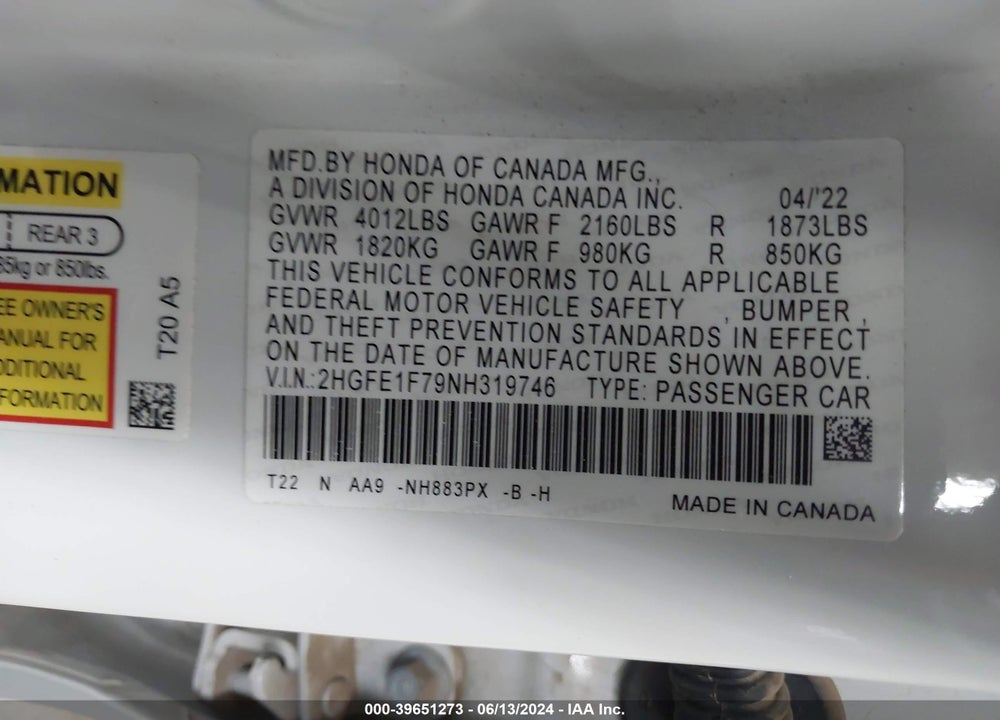2022 HONDA CIVIC EX VIN: 2HGFE1F79NH319746