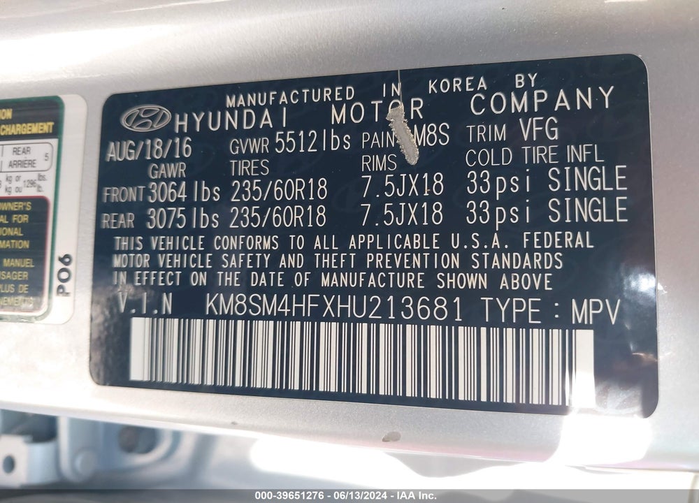 2017 HYUNDAI SANTA FE SE VIN: KM8SM4HFXHU213681