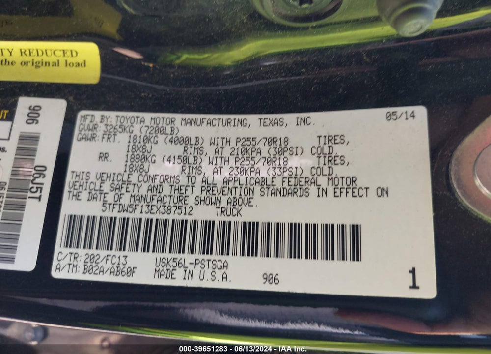 2014 TOYOTA TUNDRA SR5 5.7L V8 VIN: 5TFDW5F13EX387512