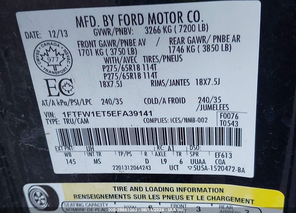 2014 FORD F-150 XLT VIN: 1FTFW1ET5EFA39141