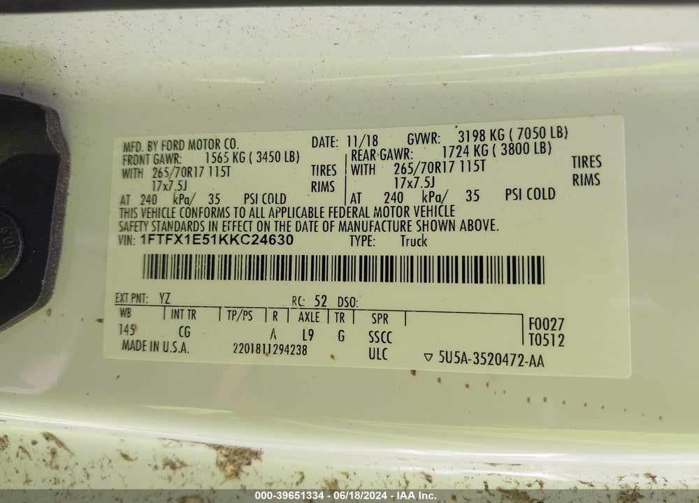 2019 FORD F-150 XL VIN: 1FTFX1E51KKC24630