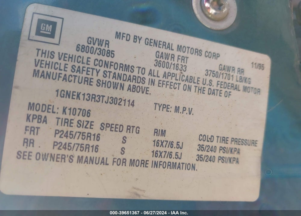 1996 CHEVROLET TAHOE K1500 VIN: 1GNEK13R3TJ302114