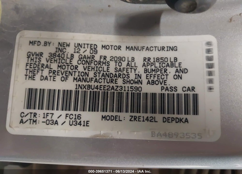 2010 TOYOTA COROLLA LE VIN: 1NXBU4EE2AZ311590