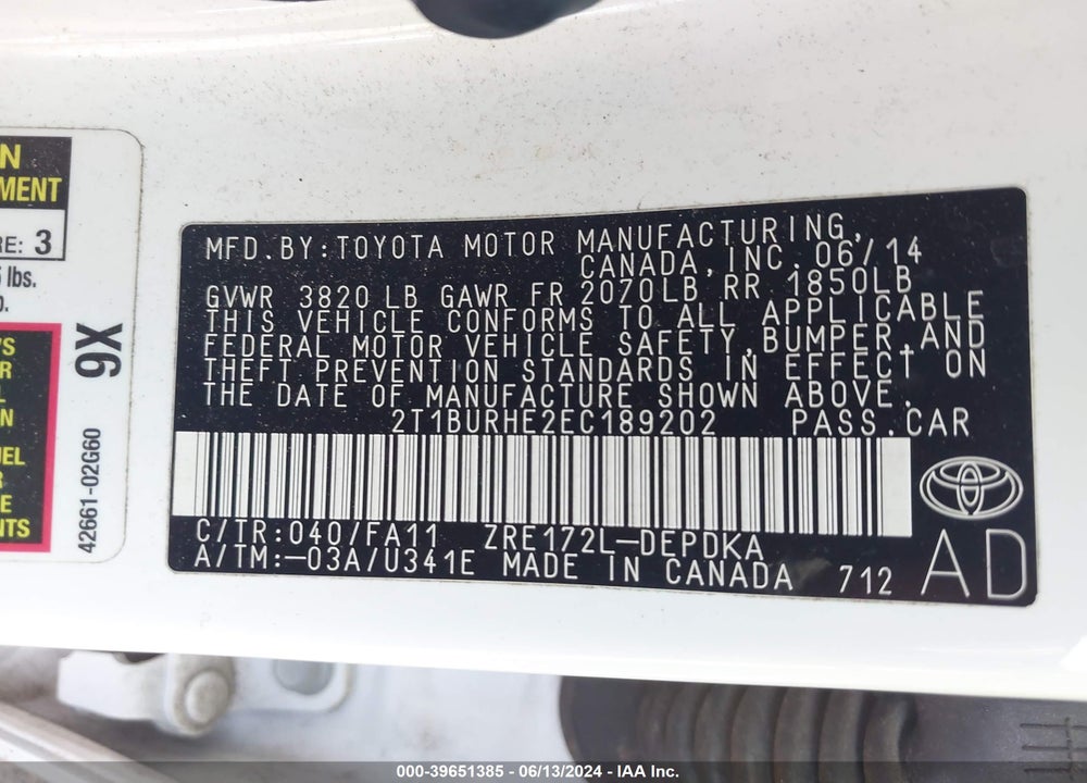 2014 TOYOTA COROLLA L VIN: 2T1BURHE2EC189202