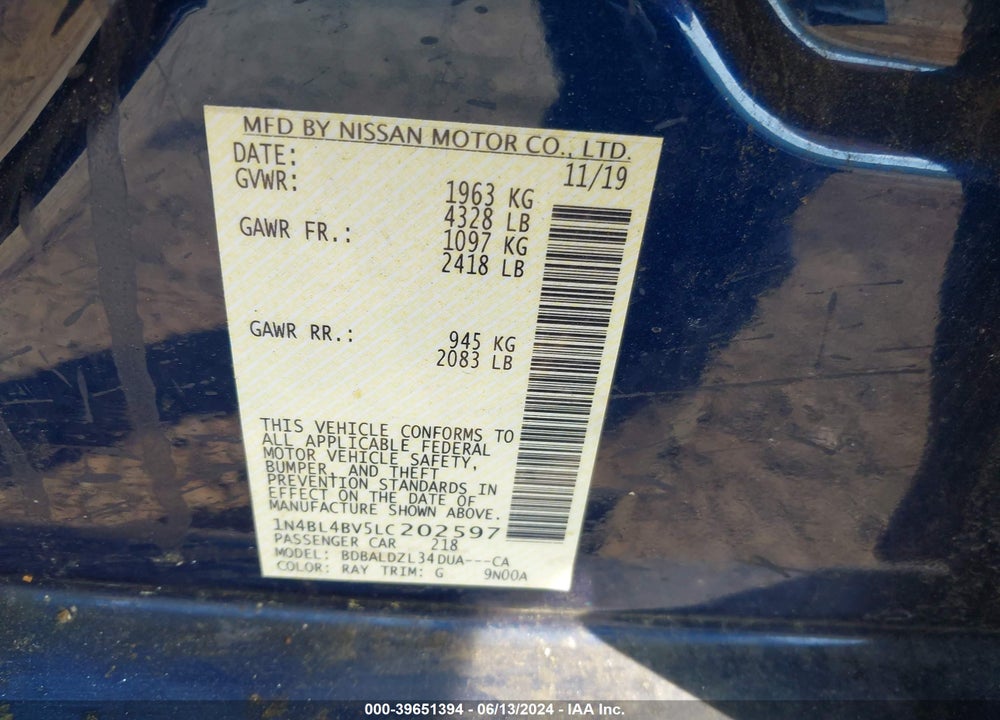 2020 NISSAN ALTIMA VIN: 1N4BL4BV5LC202597