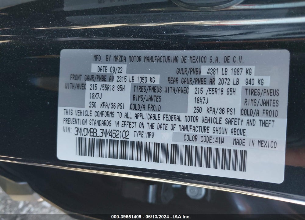 2022 MAZDA CX-30 SELECT VIN: 3MVDMBBL3NM452102
