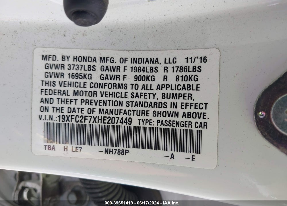 2017 HONDA CIVIC EX VIN: 19XFC2F7XHE207449