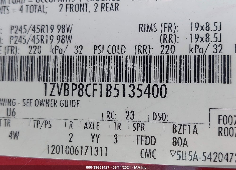 2011 FORD MUSTANG GT PREMIUM VIN: 1ZVBP8CF1B5135400