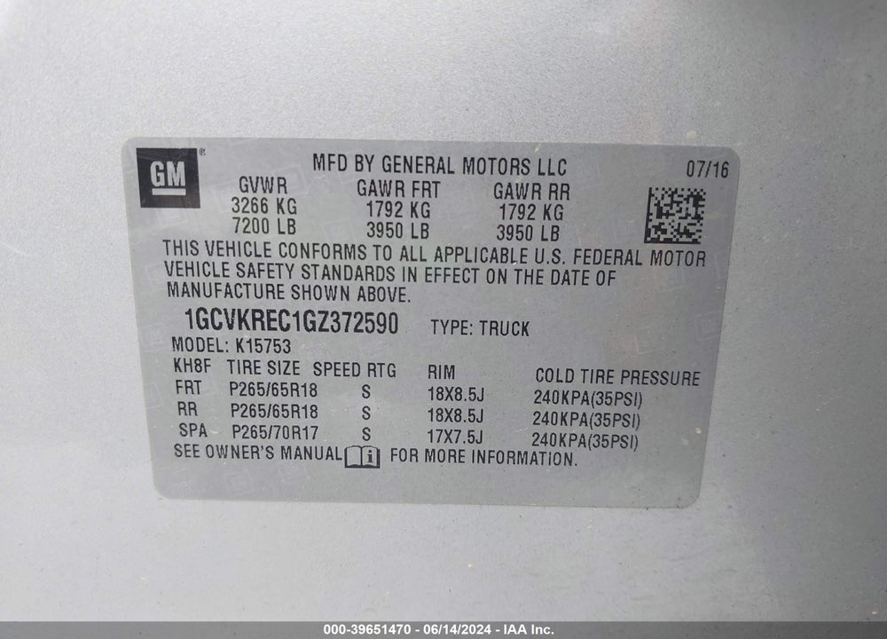 2016 CHEVROLET SILVERADO 1500 2LT VIN: 1GCVKREC1GZ372590
