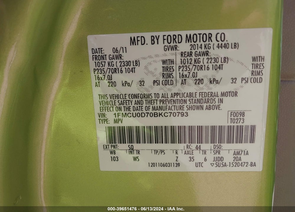 2011 FORD ESCAPE XLT VIN: 1FMCU0D70BKC70793