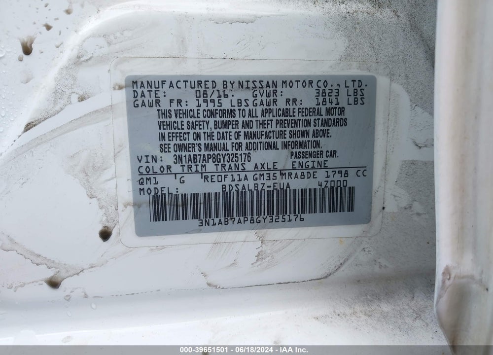 2016 NISSAN SENTRA S VIN: 3N1AB7AP8GY325176
