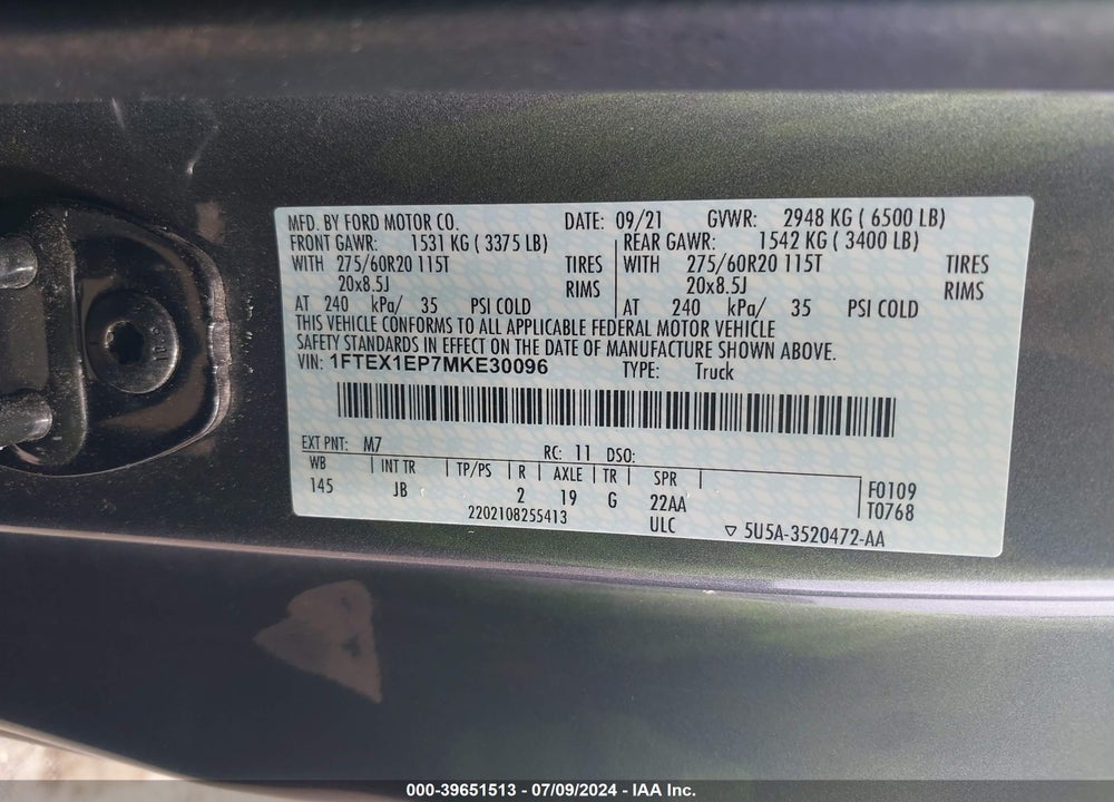 2021 FORD F-150 XL VIN: 1FTEX1EP7MKE30096