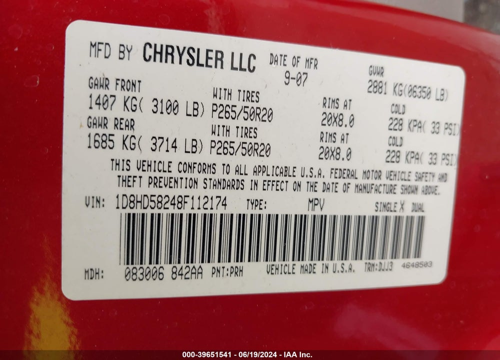 2008 DODGE DURANGO LIMITED VIN: 1D8HD58248F112174