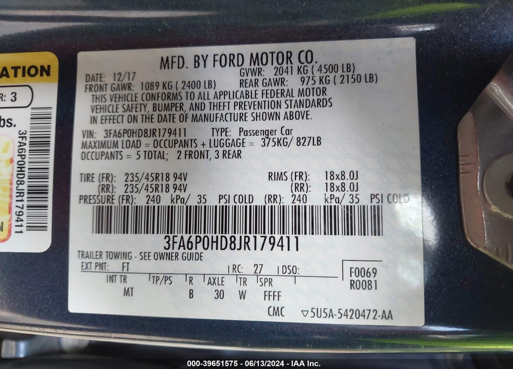 2018 FORD FUSION SE VIN: 3FA6P0HD8JR179411