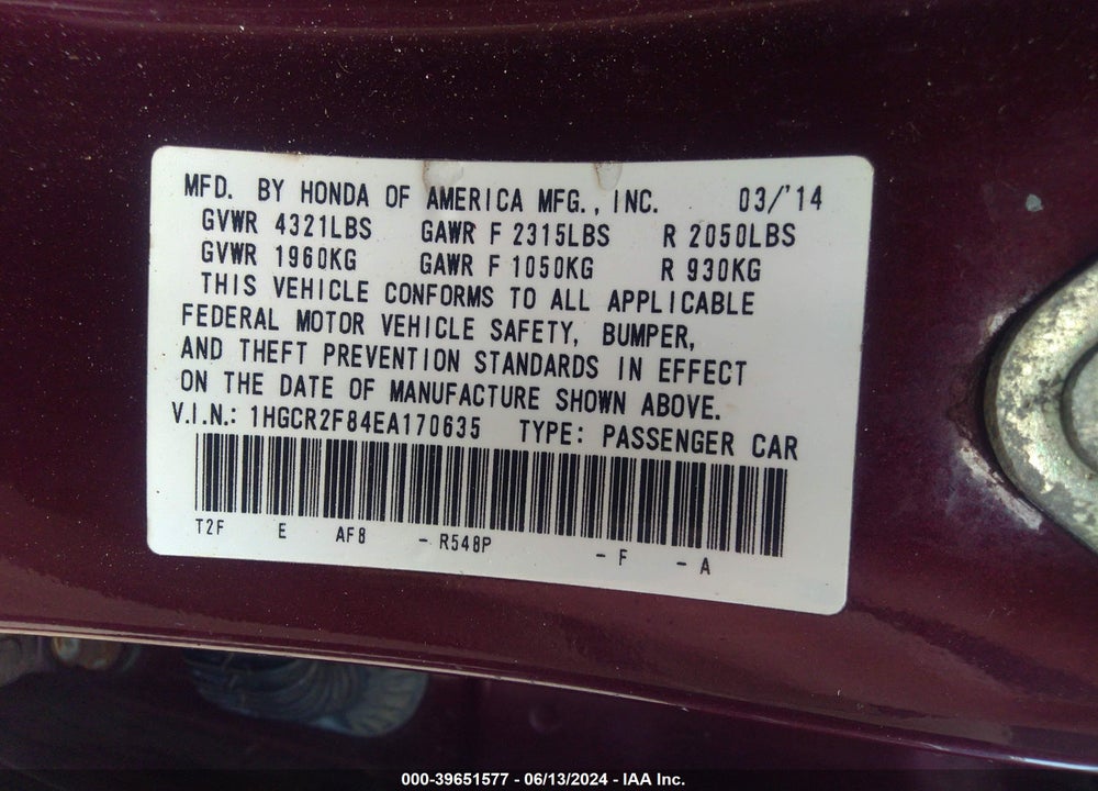 2014 HONDA ACCORD EX-L VIN: 1HGCR2F84EA170635