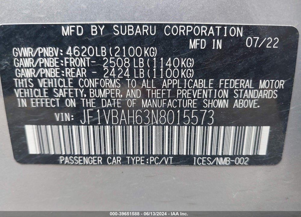 2022 SUBARU WRX PREMIUM VIN: JF1VBAH63N8015573
