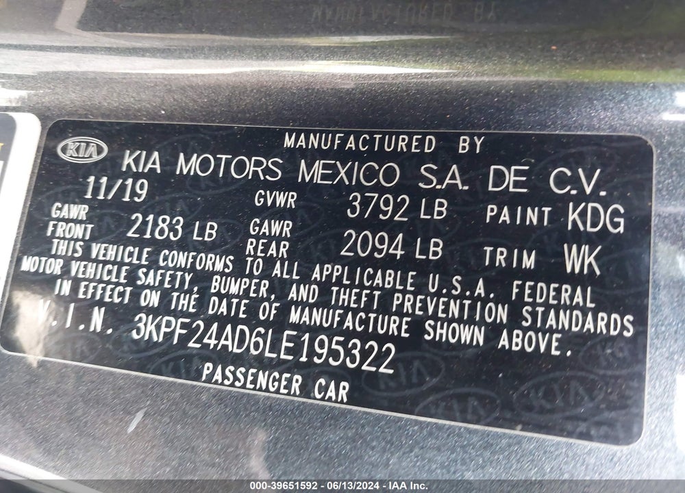 2020 KIA FORTE LXS VIN: 3KPF24AD6LE195322
