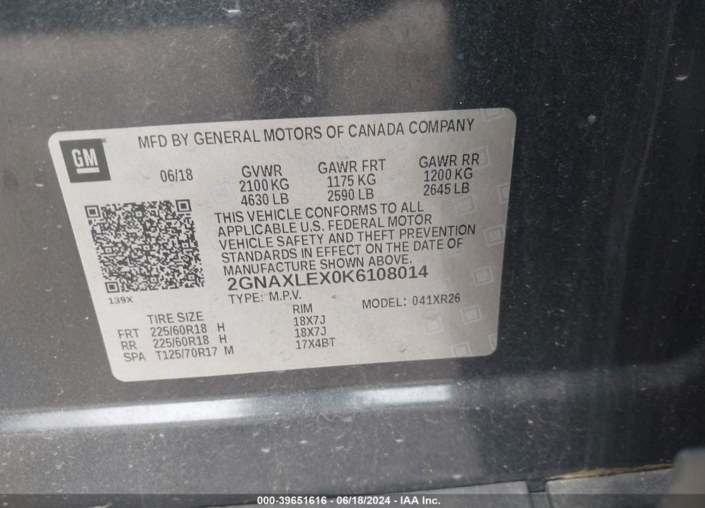 2019 CHEVROLET EQUINOX LT VIN: 2GNAXLEX0K6108014
