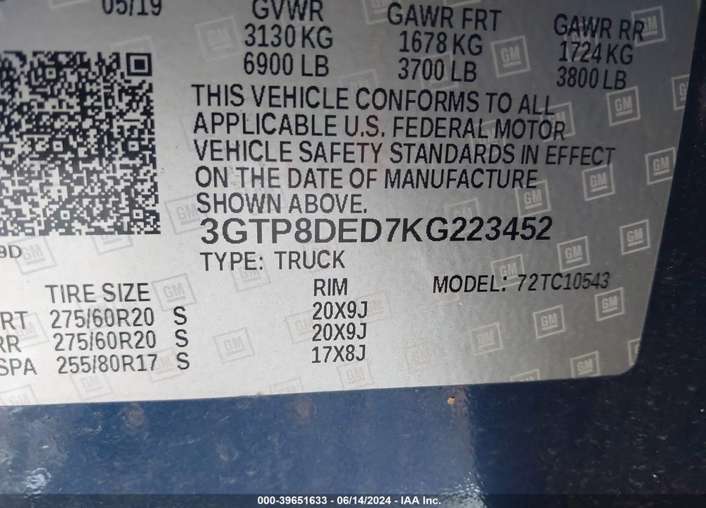 2019 GMC SIERRA 1500 SLT VIN: 3GTP8DED7KG223452
