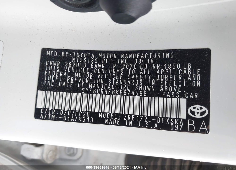 2019 TOYOTA COROLLA SE VIN: 5YFBURHE6KP878588