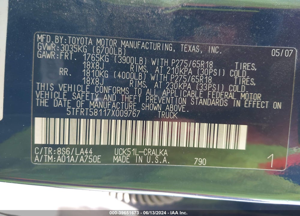 2007 TOYOTA TUNDRA LIMITED 4.7L V8 VIN: 5TFRT58117X009767