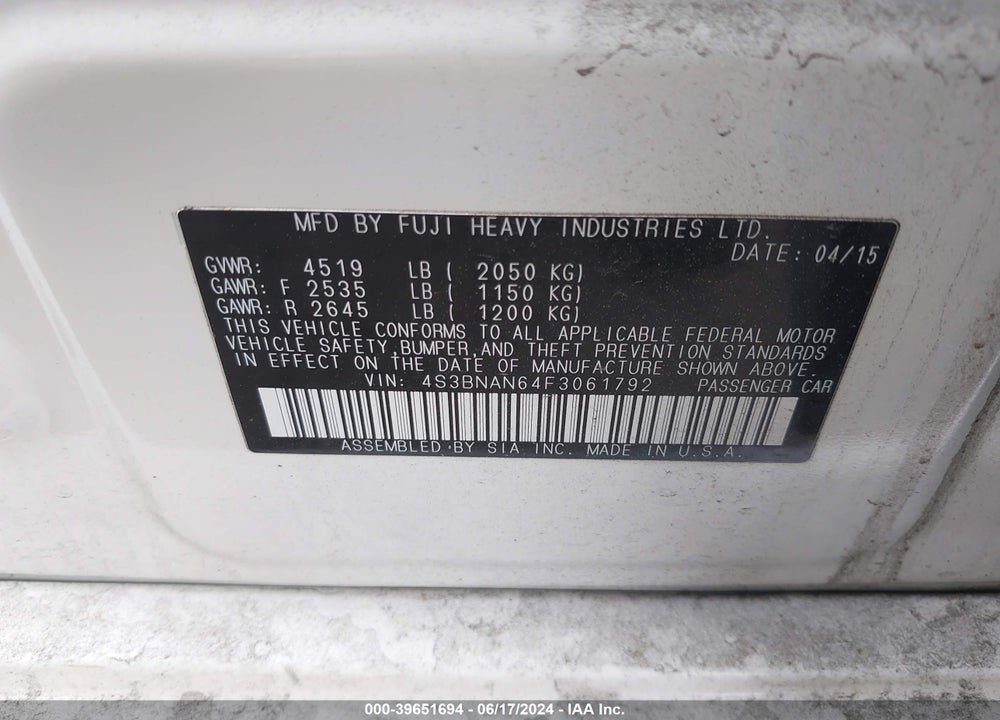 2015 SUBARU LEGACY 2.5I LIMITED VIN: 4S3BNAN64F3061792